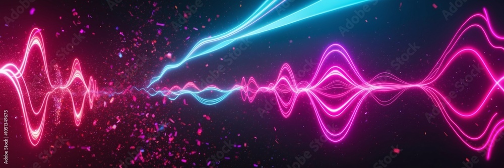 Poster neon-lit digital waveforms and particles moving through space