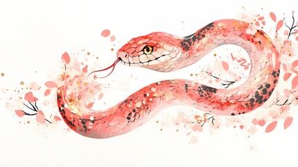 Obraz premium Traditional Chinese pink and white watercolor snake illustration poster background