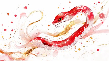 Obraz premium Traditional Chinese pink and white watercolor snake illustration poster background