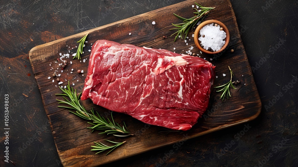 Wall mural raw beef steak on a wooden chopping board with rosemary, pepper and salt