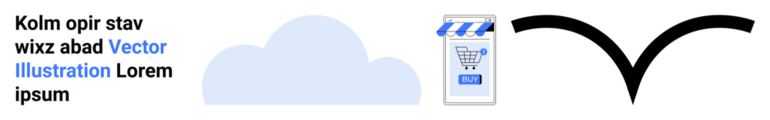 Text, a cloud, a shopping bag, and an arrow highlight digital themes like e-commerce and cloud storage. Ideal for cloud computing, e-commerce, online services, digital media, minimalism. Banner