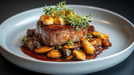 Elegant plate of coq au vin with mushrooms and fresh thyme sprigs