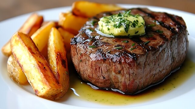 Elegant presentation of steak frites with a green herb butter
