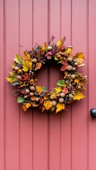 Fototapeta premium Charming rustic autumn decorations featuring natural wreaths and acorns for a cozy seasonal ambiance.