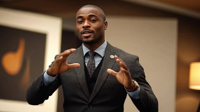An engaging business presentation is delivered by an intriguing African American man.
