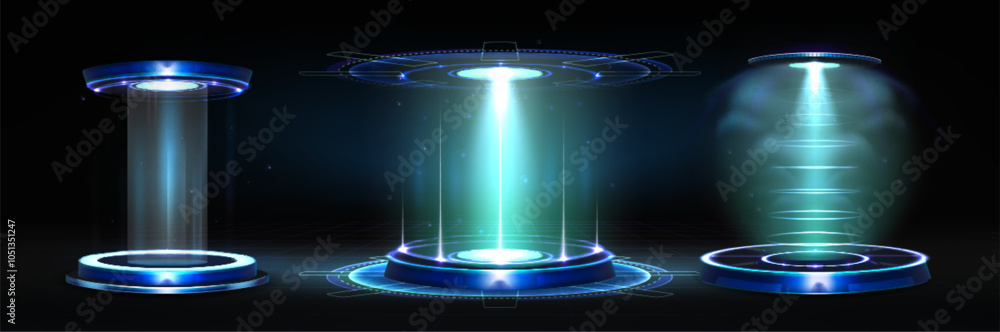 Poster futuristic hi tech portal with blue neon light glow effect for game ui design. realistic 3d vector i