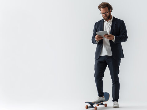 Stylish Businessman Using Skateboard on City Sidewalk