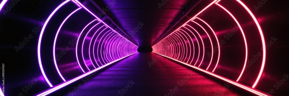 Poster pulsating neon light tunnel stretching into a dark infinite void