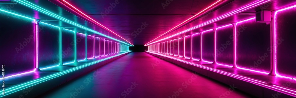 Poster pulsating neon light tunnel stretching into a dark infinite void