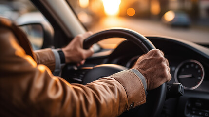 Portrait of a mature caucasian adult man driving a car with hands on the wheel.