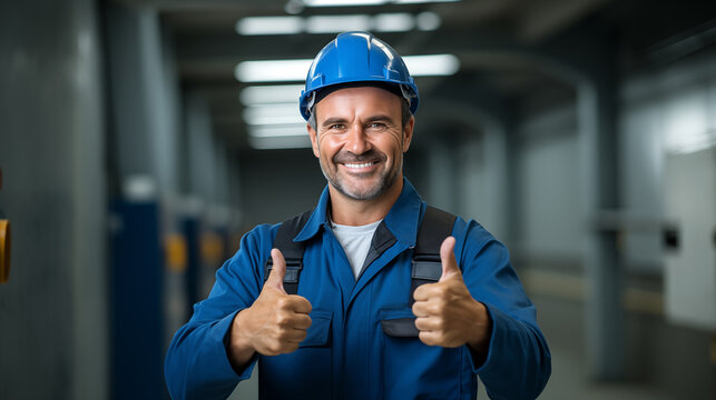 Man builder worker in uniform. Business, building, industry, technology. Builder concept. Business, building concept - smiling builder in hard hat.