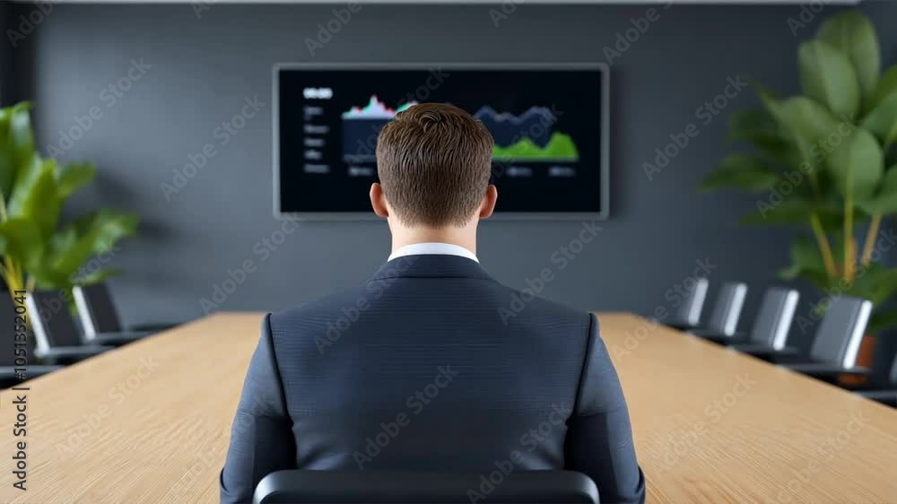 Poster businessman analyzing data: a contemplative businessman sits at the head of a conference table, focu