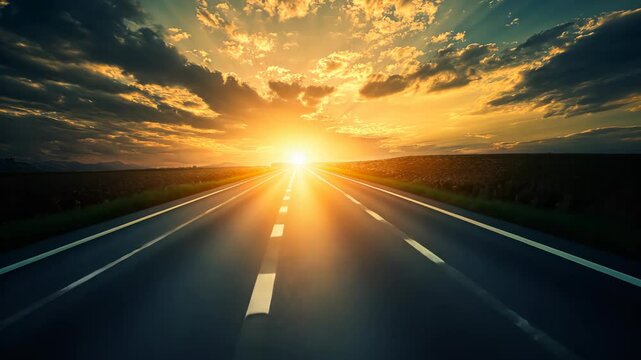 A long, straight road leads toward a brilliant sunset, with the sun disappearing behind the horizon