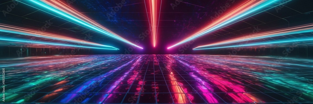 Poster futuristic grid with colorful light pulses moving through the surface