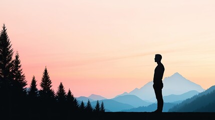 Silhouette of a person contemplating in a serene mountain landscape at sunset.