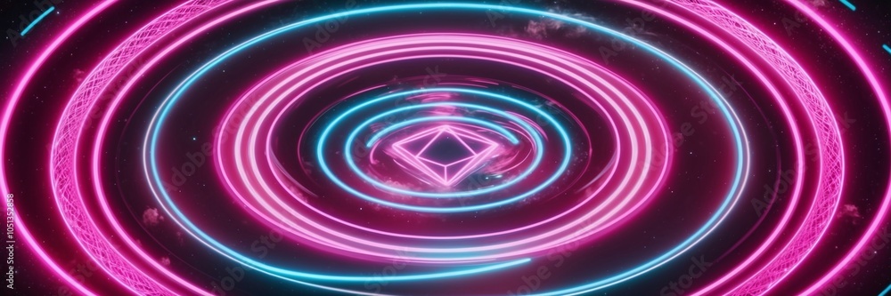 Poster neon geometric rings spinning in space creating a futuristic pattern