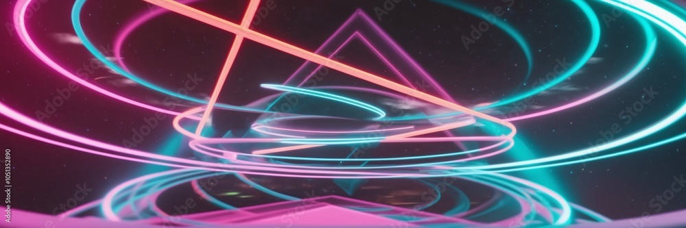 Poster neon geometric rings spinning in space creating a futuristic pattern