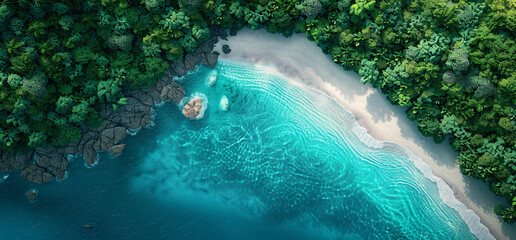 aerial, view, transparent, turquoise, waters, sandy, beaches, larger, islands, jungle, trees, top, down, birds, eye, perspective, drone, shot, white, sand, beach, style, photo