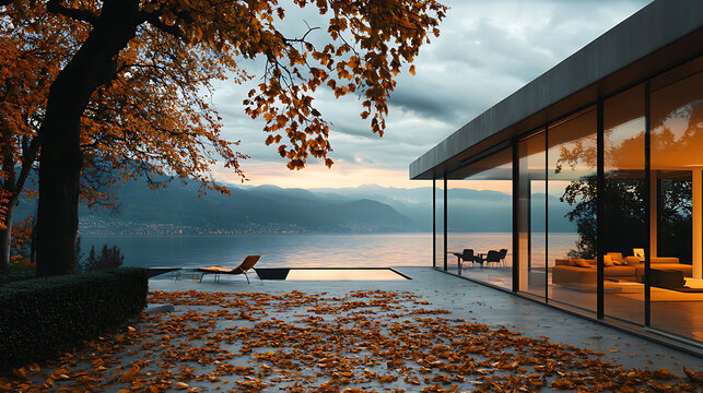 3d rendering of modern house on the lake in the evening.