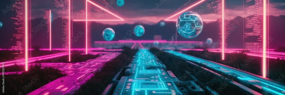 Poster technological landscape with neon-lit pathways and floating data points