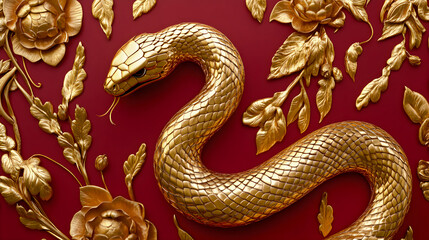 Fototapeta premium Hyper-Realistic 3D Gold Snake on Red Background with Elegant Floral Accents. Chinese Happy New Year.