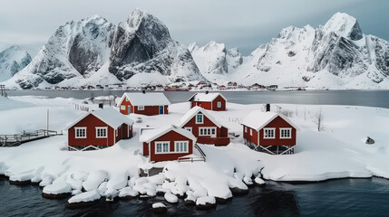Wintertime in Reine village showcases charming red houses surrounded by snow covered landscapes and majestic mountains. serene atmosphere evokes sense of tranquility and beauty
