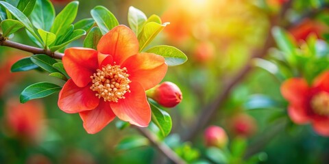 Obraz premium Close-up of a beautiful pomegranate tree flower in full bloom, pomegranate, tree, flower, bloom, nature, plant, vibrant