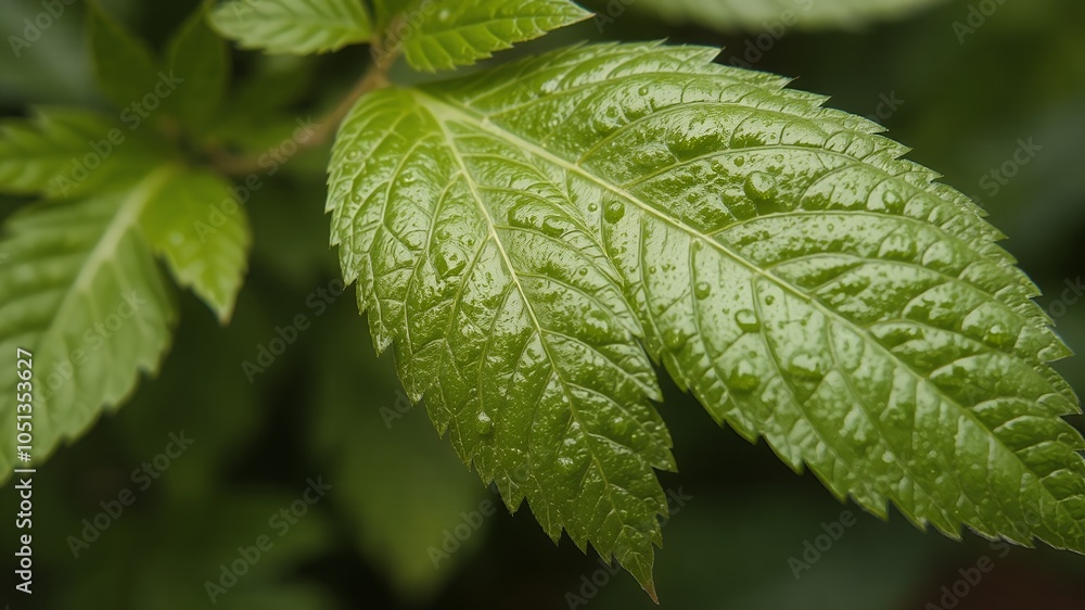 Sticker Close-up of a lush green leaf with water droplets.