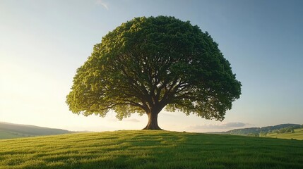 Obraz premium A majestic tree standing alone on a lush green hill under a bright blue sky.