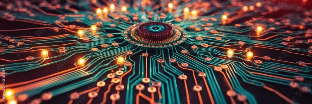 Poster abstract web of interconnected circuits pulsing with electric energy