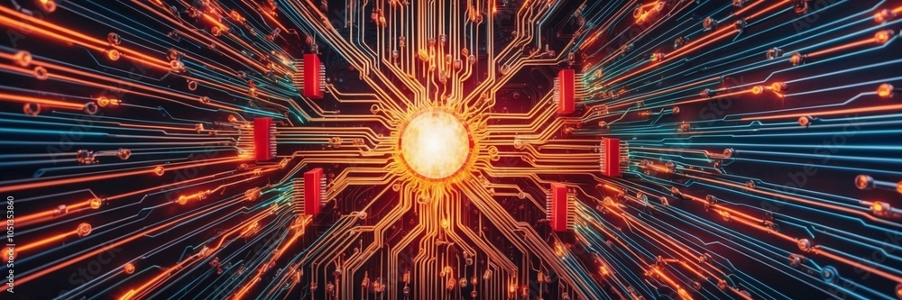Poster abstract web of interconnected circuits pulsing with electric energy