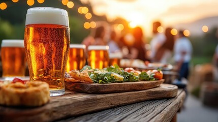 Craft beer served with a delicious platter at a lively outdoor gathering.