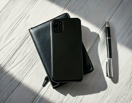 Una funda de tel&eacute;fono negra, libreta de cuero y bol&iacute;grafo sobre una mesa blanca a la luz del sol.