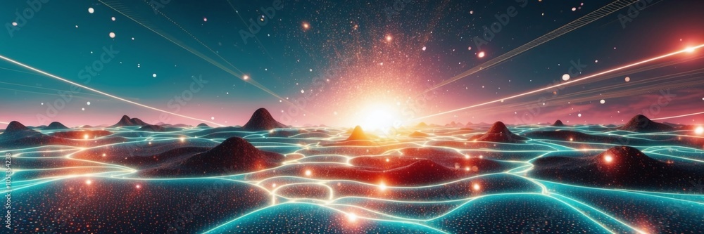 Poster holographic digital landscape with floating data particles and glowing lines