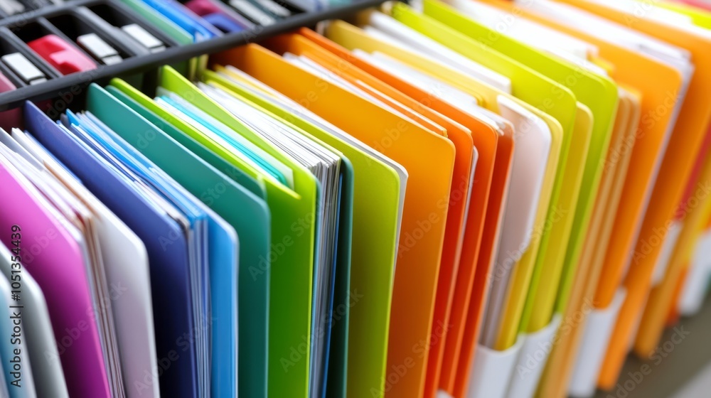 Poster a vibrant display of colorful file folders organized neatly, showcasing a spectrum of hues in an off