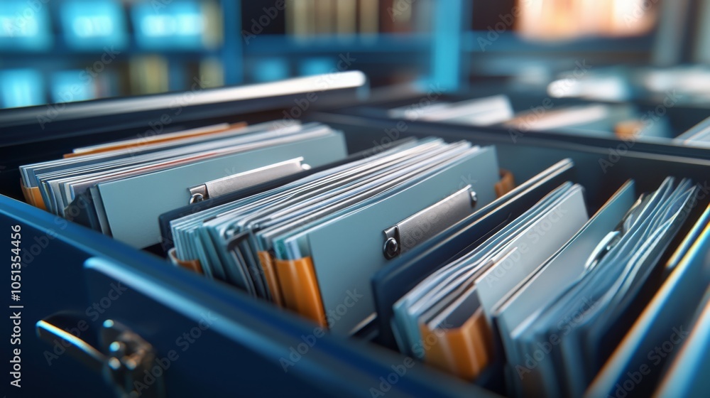 Poster a close-up view of a filing cabinet drawer filled with neatly organized blue and orange folder files
