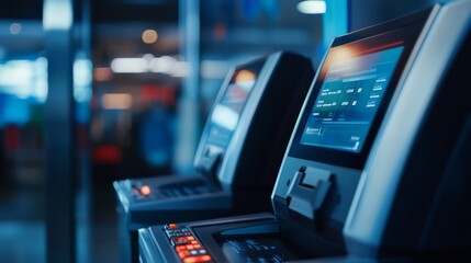 Two modern ATMs in a well-lit environment, showcasing their screens and keys, indicating advanced technology for cash transactions.