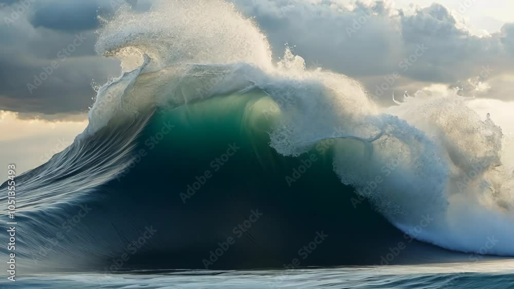 Poster a large wave crashes in the ocean on a cloudy day