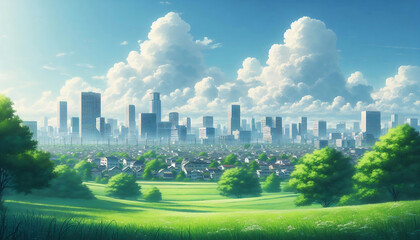Fototapeta premium Emerging Horizons Urban Skyline over Verdant Fields, Generative Ai