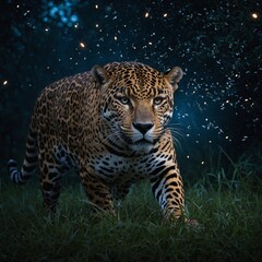 Obraz premium A jaguar stealthily prowling under the moonlight, with glowing fireflies around. 