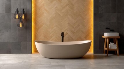 A photostock of a soft neutral bathroom with beige tiles, a freestanding tub, and soft lighting for a relaxing vibe.