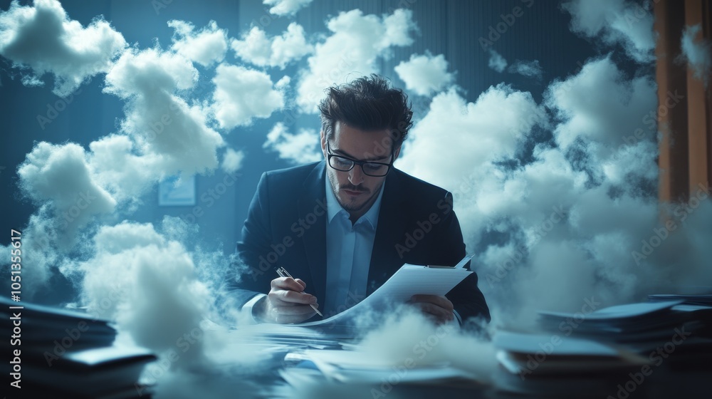Poster a man in a suit studies documents surrounded by fluffy clouds, creating a dreamy and contemplative a