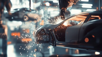Naklejka premium High-tech robotic arm welding car in factory setting.
