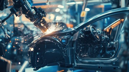 Futuristic robot assembly sparks automotive innovation.