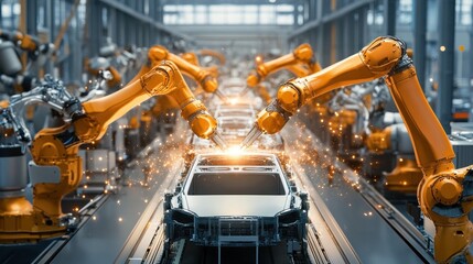 Robot arms building car frames on an assembly line floor.