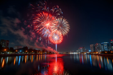 Fototapeta premium Spectacular fireworks lighting up urban night skyline reflected on water
