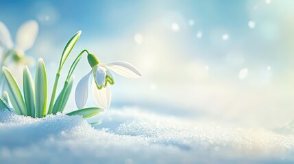 Snowdrop blooming through snow on a sunny day. Concept: resilience, early spring, nature.