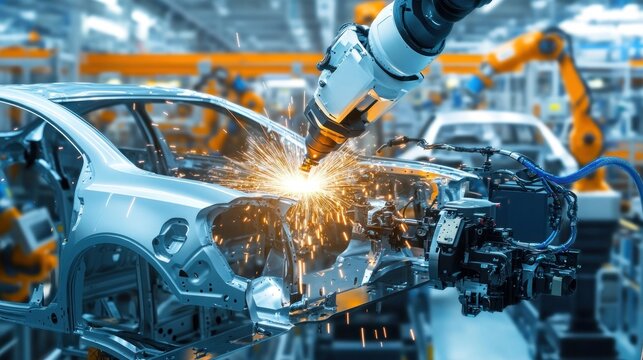 Robotic arm welding sparks in automotive assembly
