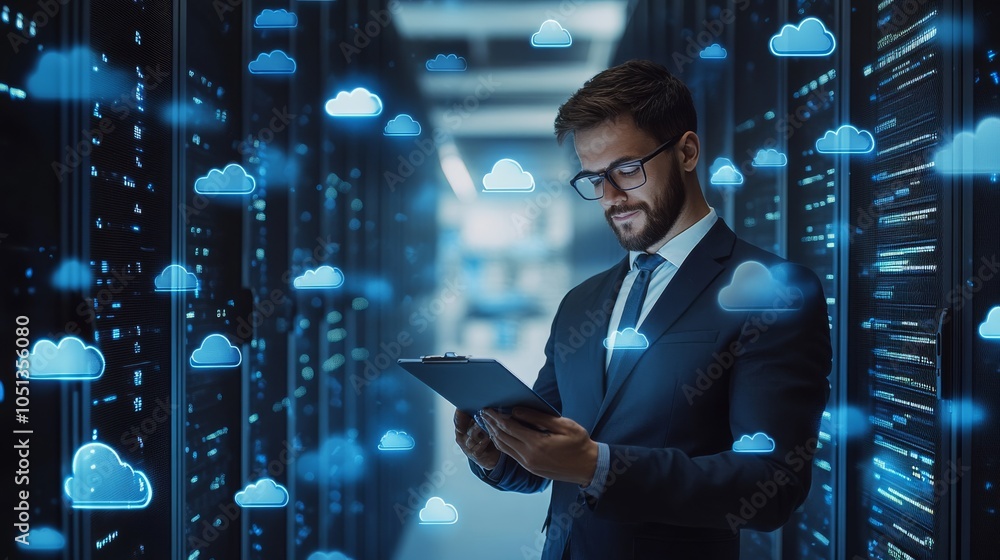 Canvas Prints A professional man reviews data on a tablet amidst digital cloud graphics in a server room, representing cloud technology and data management.