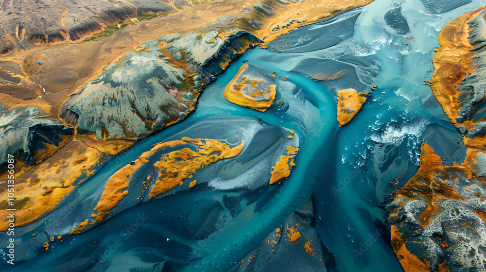 Poster aerial view of abstract patterns in the blue river in iceland. a unique natural landscape. abstract 